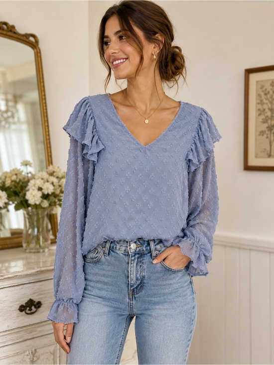 Miss Sparkling Tops - Blue Swiss Dot Ruffle long Sleeve top Medium